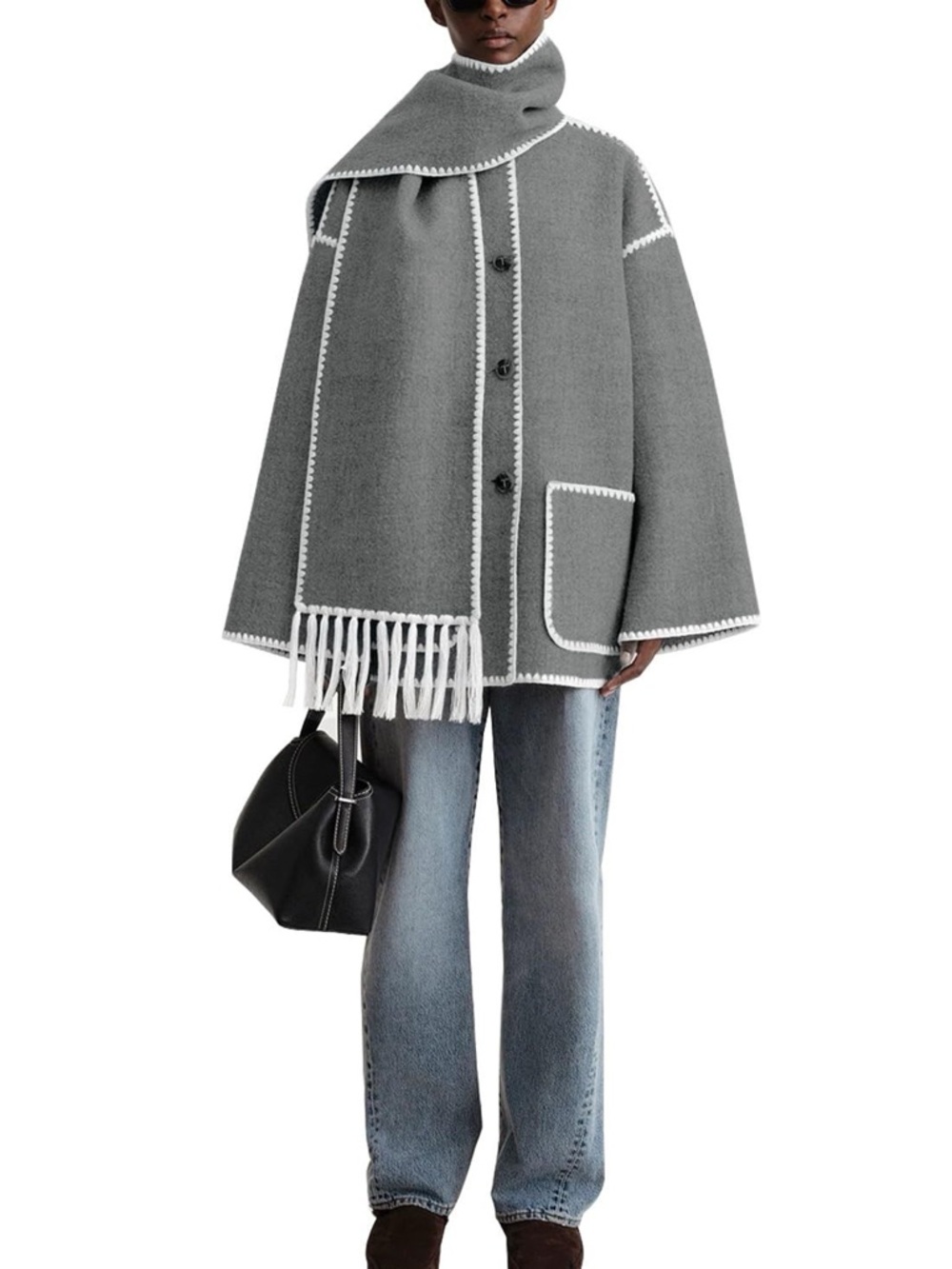 Button Down Woolen Blend Trench Coat with Tassel Scarf